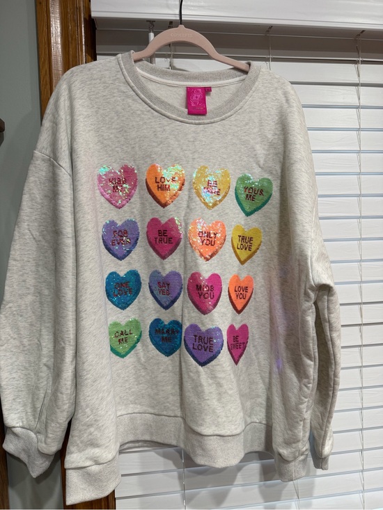 QUEEN OF SPARKLES Tops - QUEEN OF SPARKLES Cream Sweatshirt with Multicolor Sequin Hearts